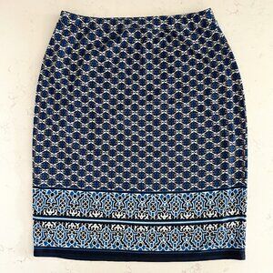 Max Studio Pull On Lined Print Rayon Blend Pencil Skirt w Border Blue Wht S